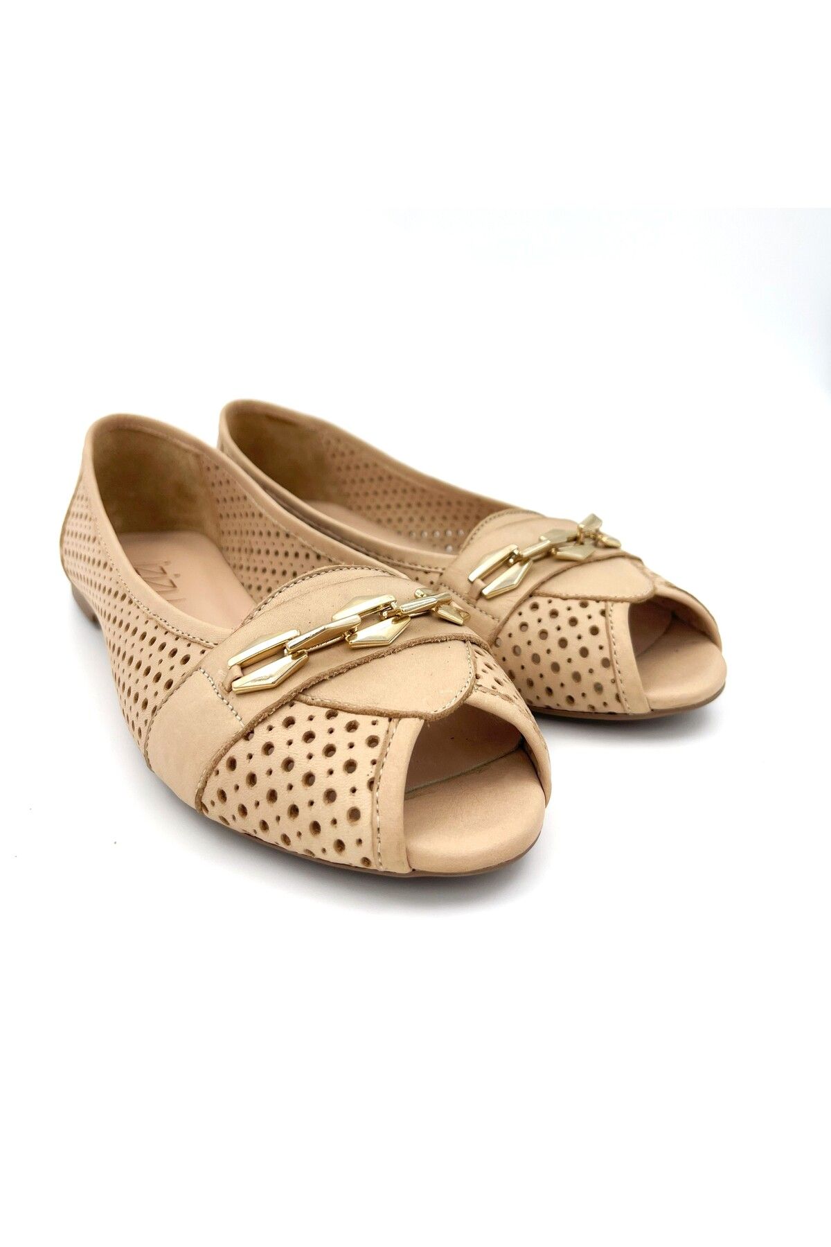Lizizu Balerini De Damă Din Piele Naturală, Nude, Perforați, Cu Vârf Deschis, Cu Accesorii Aurii Femeie - 38