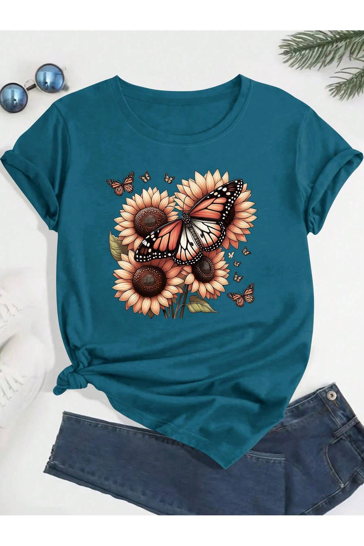 aynewmoda Yaratıcı Ayçiçeği Kelebek Grafikli Günlük Kısa Kollu Tişört Büyük Beden,