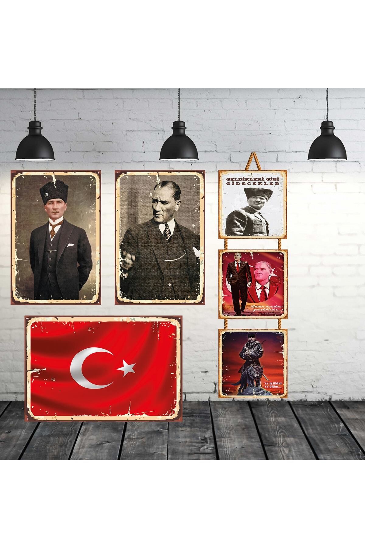 TAKIFİX Mustafa Kemal Atatürk Türk Bayraklı Seti 3 Adet 20x30 Cm 3 Adet 15x15 Cm Retro Ahşap Poster
