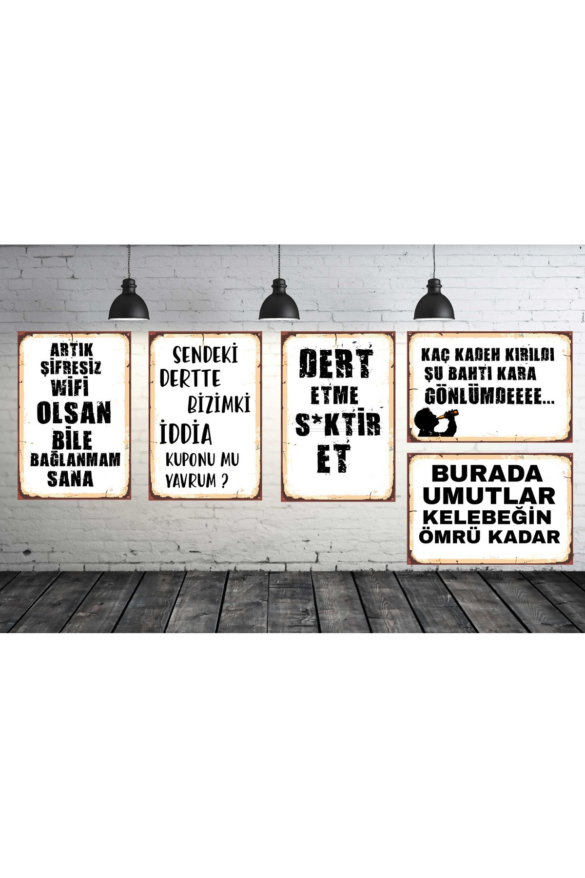 TAKIFİX Kaç Kadeh Kırıldı Sözler Seti 5 Adet 20x30 Cm Retro Ahşap Tablo