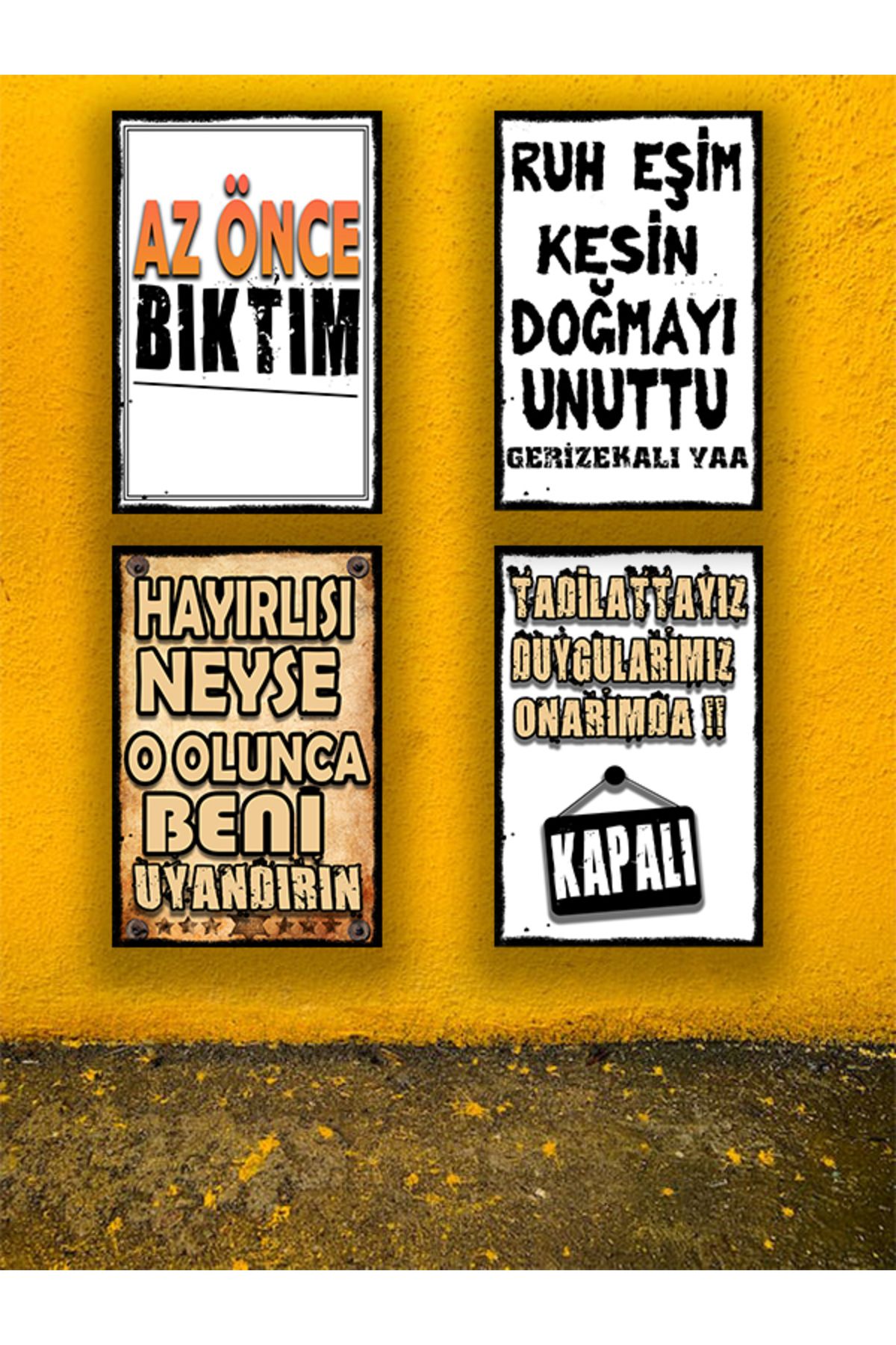 TAKIFİX Az Önce Bıktım Seti 4 Adet 20x30 Cm Retro Ahşap Tablo