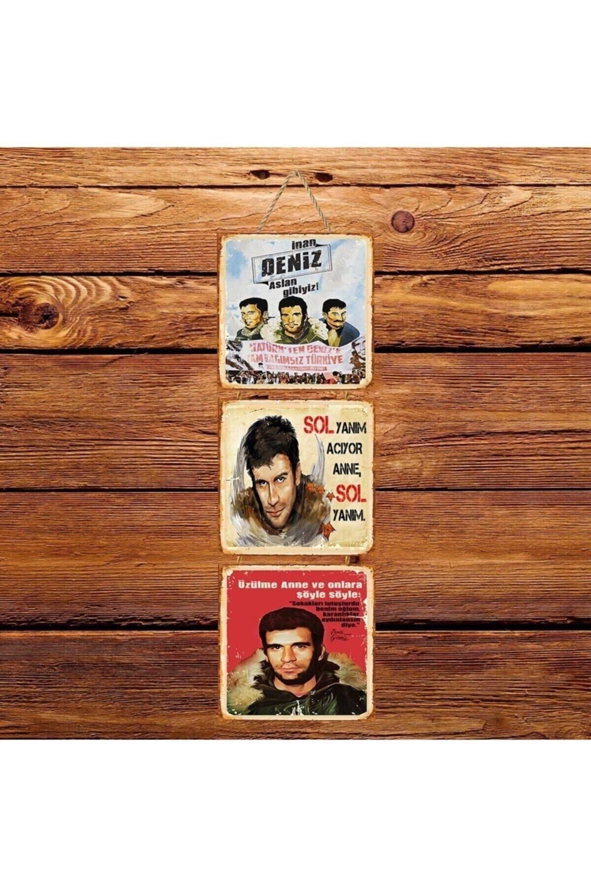 TAKIFİX Aslan Gibiyiz Deniz Gezmiş Üçlü Retro Ahşap Poster