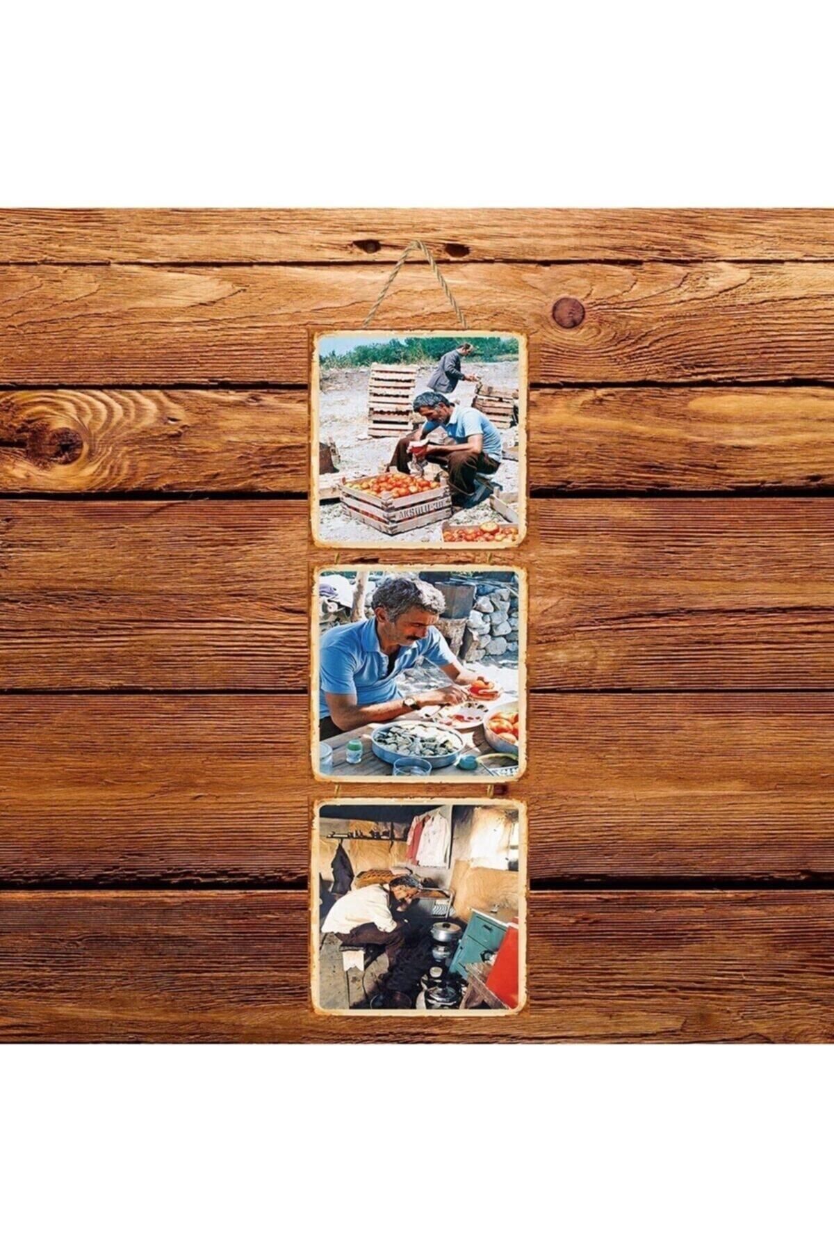 TAKIFİX Yılmaz Güney Yemek Üçlü Retro Ahşap Poster
