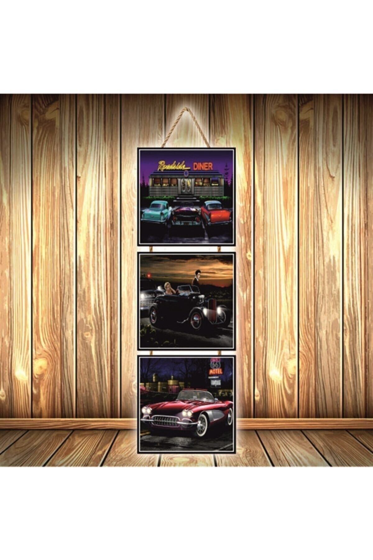 TAKIFİX Klasik Arabalar Tasarımlı Üçlü Retro Ahşap Poster Ü420
