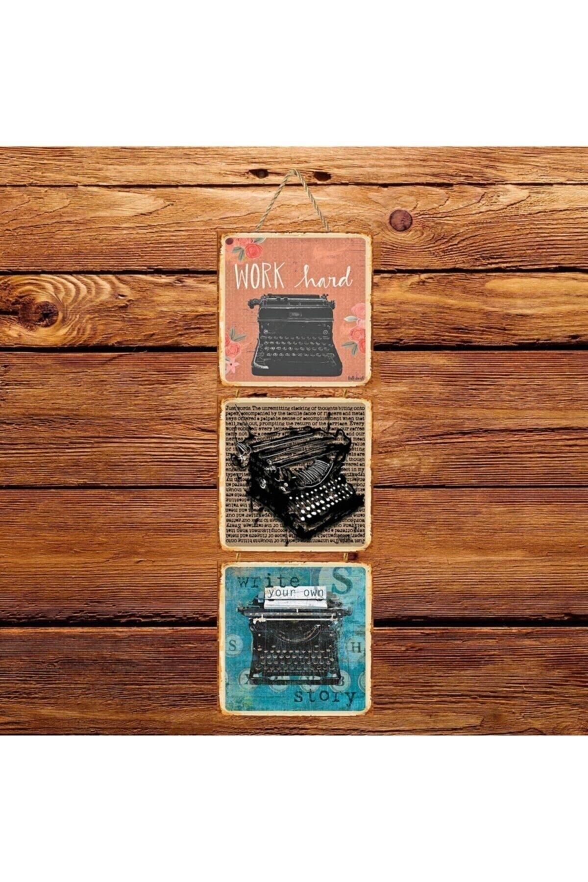 TAKIFİX Daktilo Tasarımlı Üçlü Retro Ahşap Poster