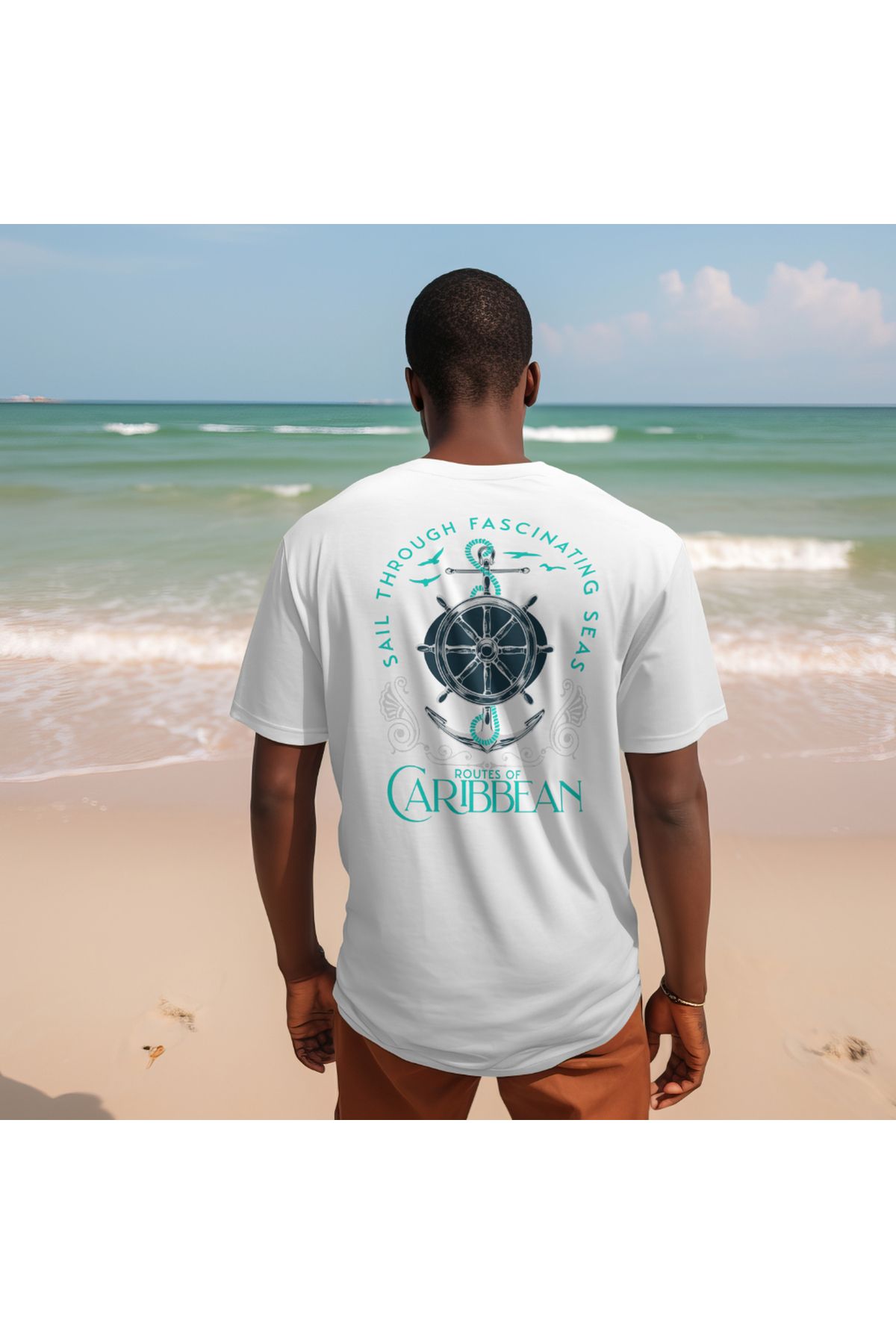 ArdaEge Beyaz Erkek Denizci Baskılı T-shirt %100 Pamuk