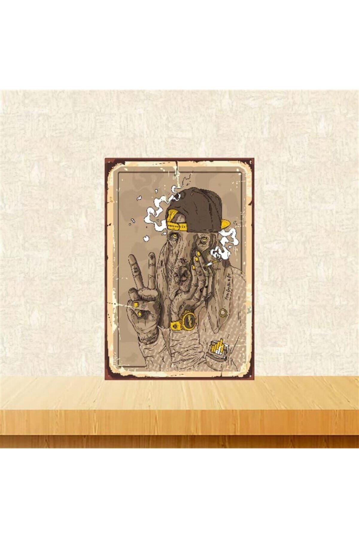 TAKIFİX Sigara İçen Köpek Tasarımlı Retro Ahşap Poster 20-30 cm
