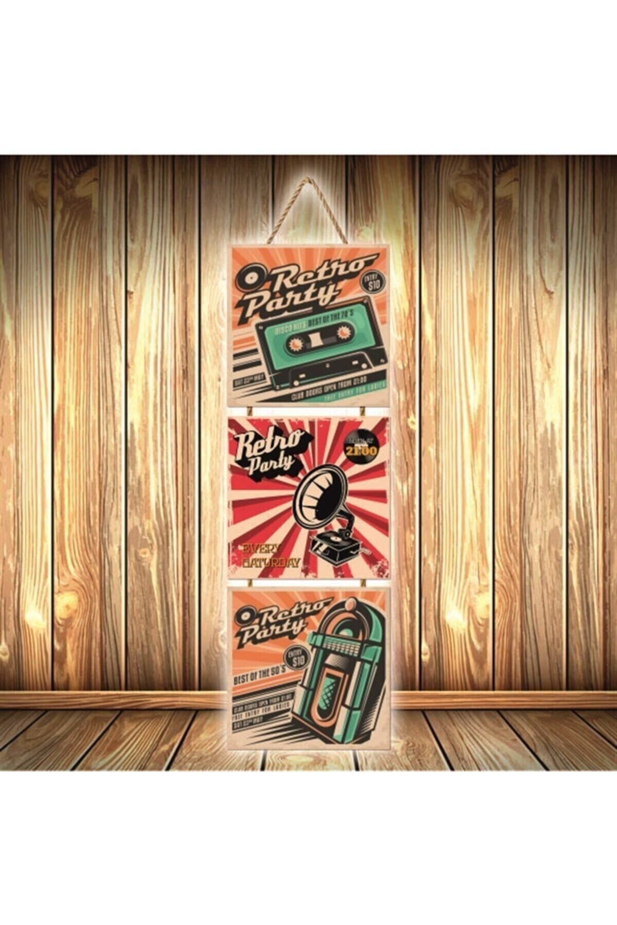 TAKIFİX Retro Party Tasarımlı Üçlü Retro Ahşap Poster Ü336