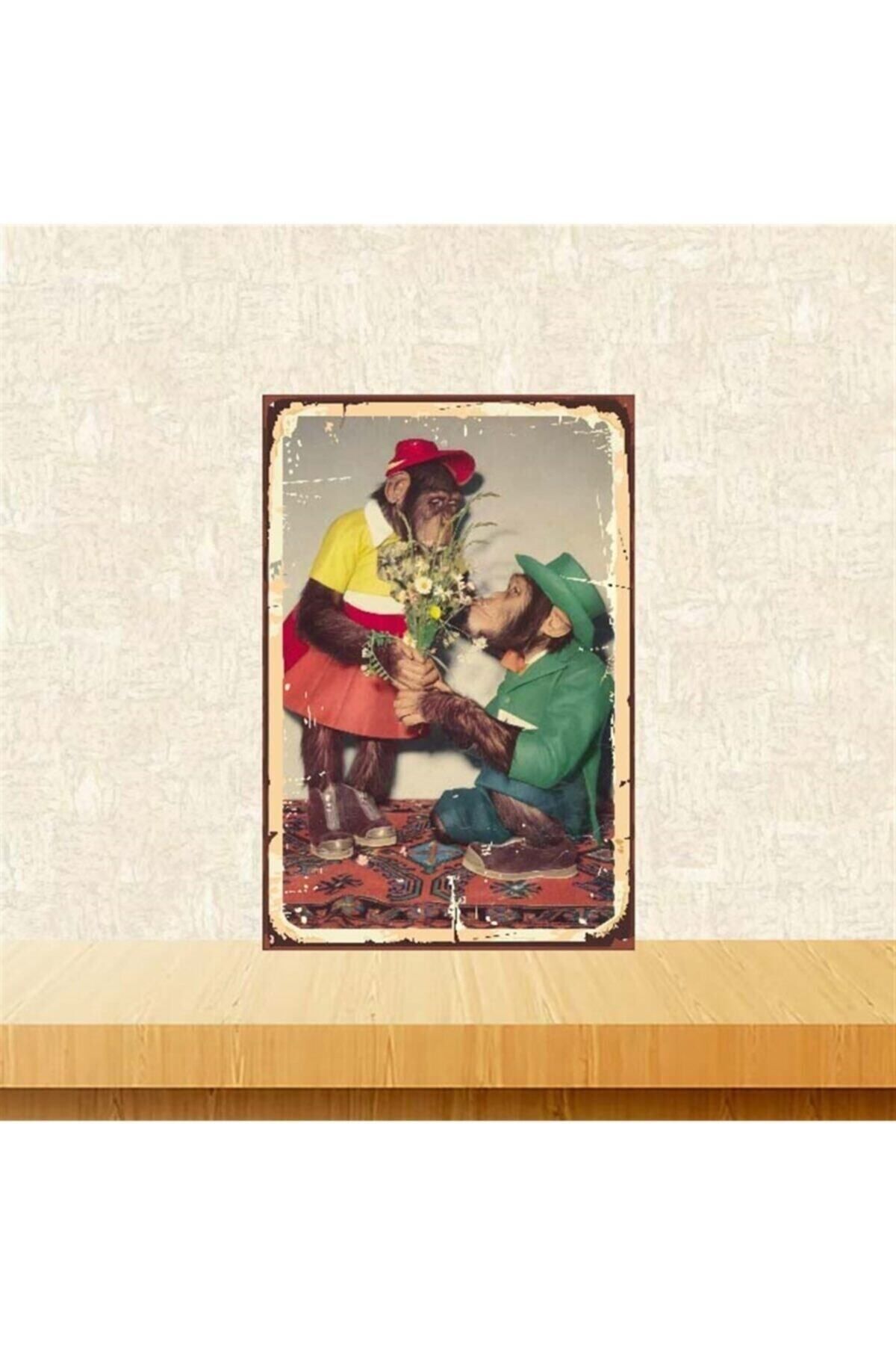 TAKIFİX Aşık Maymunlar Tasarımlı Retro Ahşap Poster 20-30 Cm