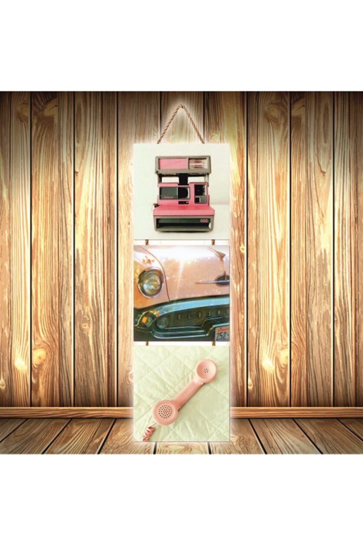 TAKIFİX Pink Vintage Tasarımlı Üçlü Retro Ahşap Poster Ü410