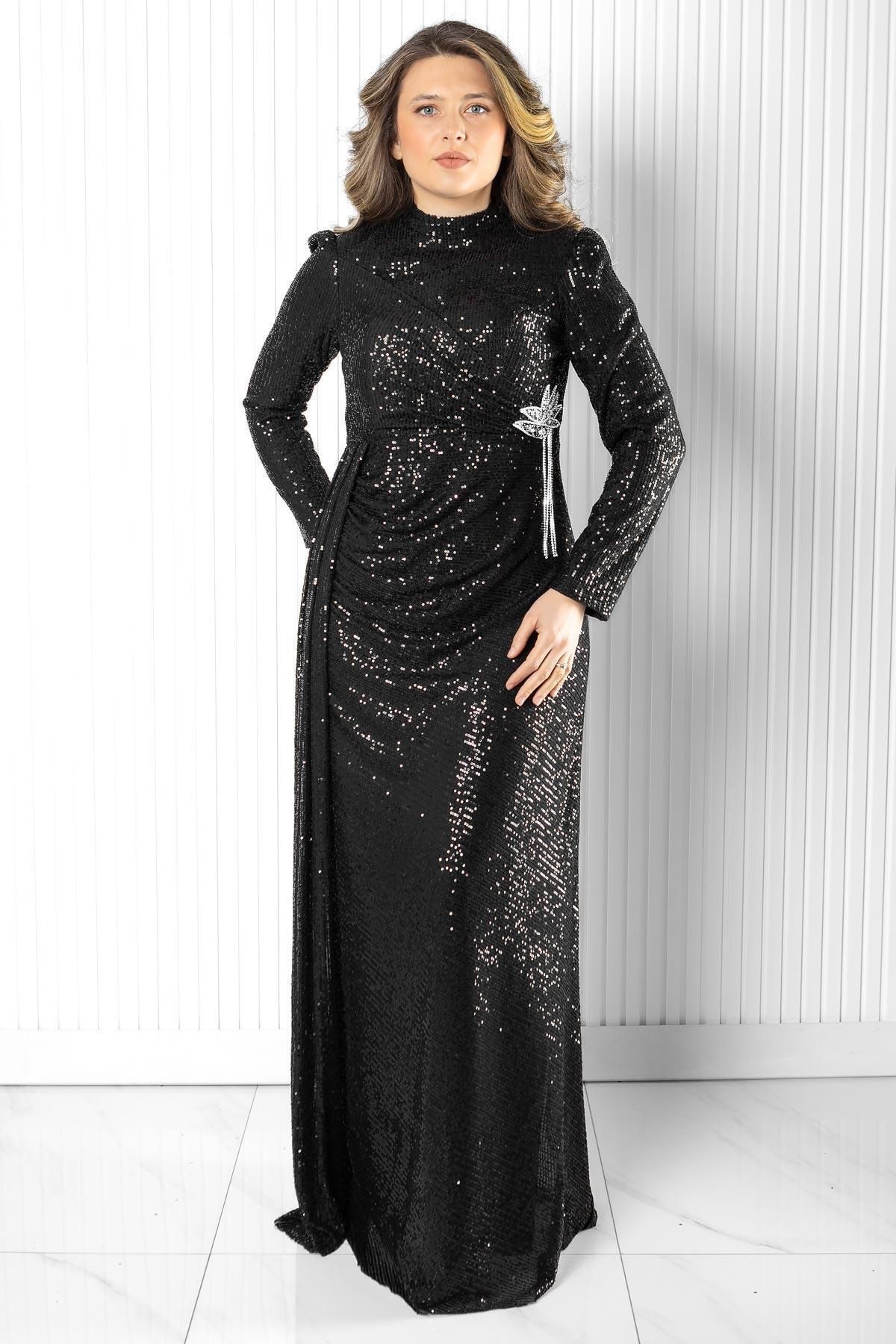 SUBU TASARIM Pul Payetli Abiye Elbise Siyah TBSMDA2524