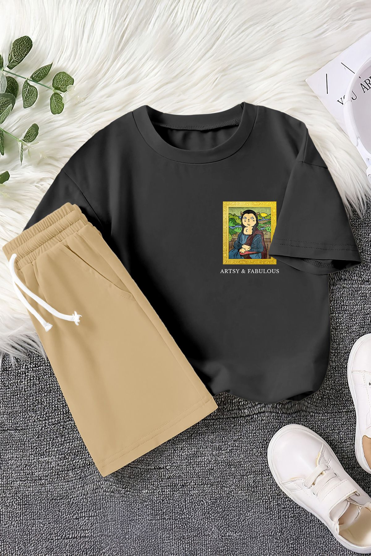 MYADA Premium Artsy Written Cat Painting Printed Παιδικό Σετ 2 Τεμαχίων 22751 für Kids Unisex - 5–6 years