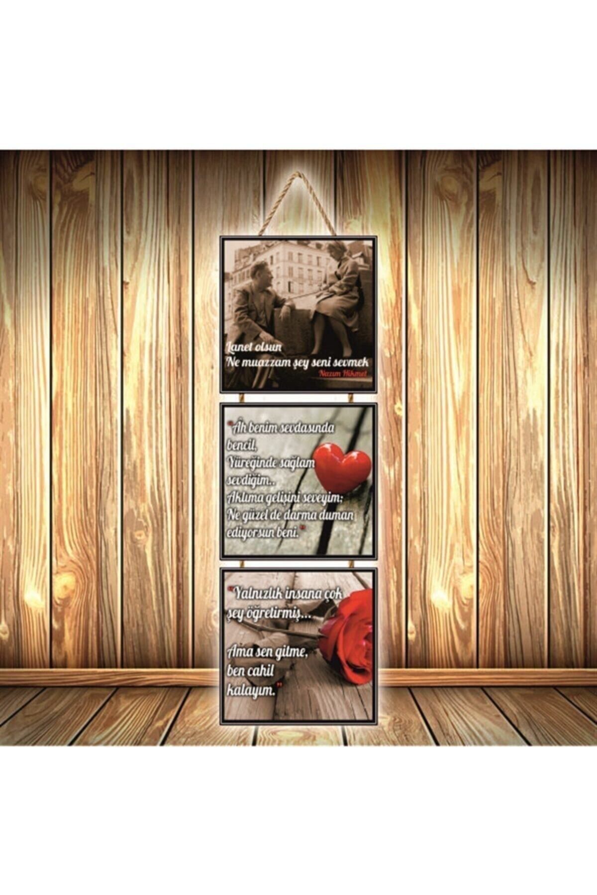 TAKIFİX Nazım Hikmet Sen Gitme Tasarımlı Üçlü Retro Ahşap Poster Ü280