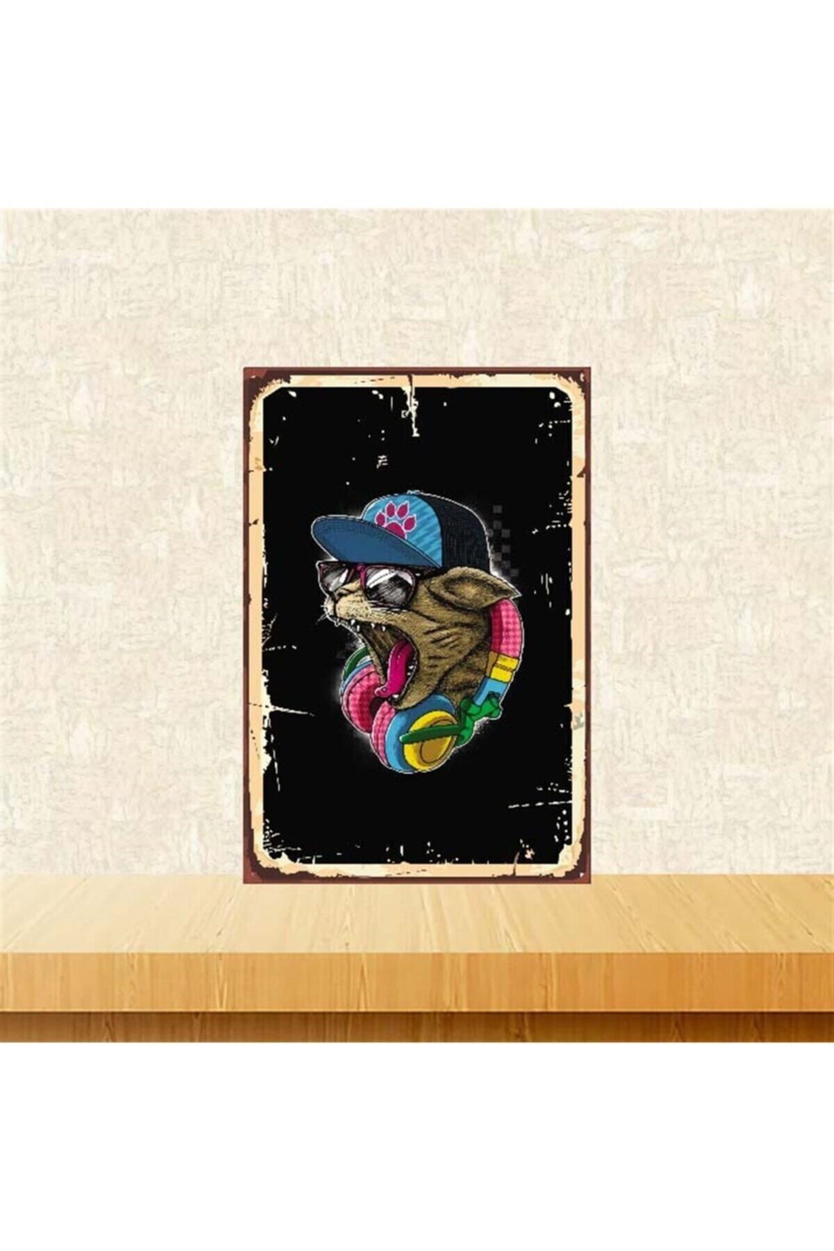 TAKIFİX Kulaklık Takan Kedi Tasarımlı 20-30 cm Retro Ahşap Poster