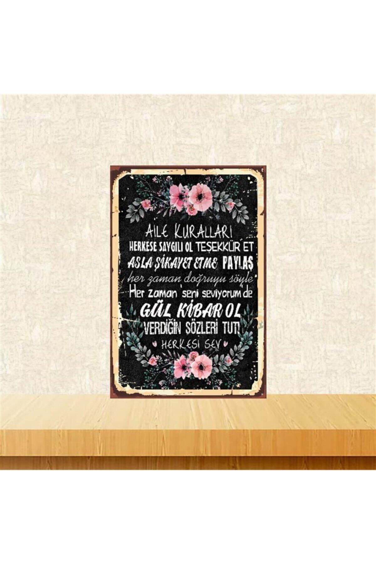 TAKIFİX Aile Kuralları Retro Ahşap Poster 20x30 cm Tkfx4076