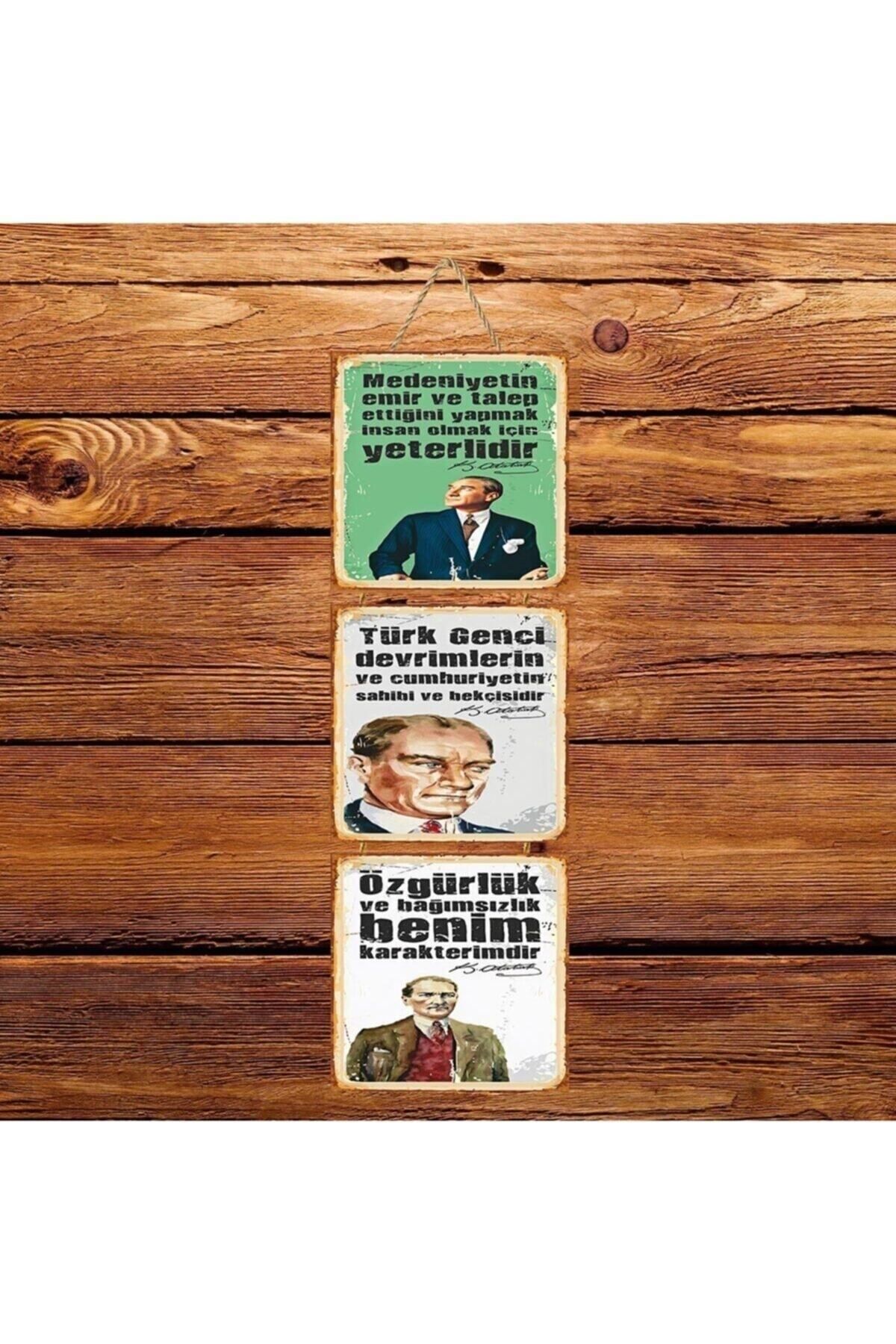 TAKIFİX Atatürk Sözleri Üçlü Retro Ahşap Poster