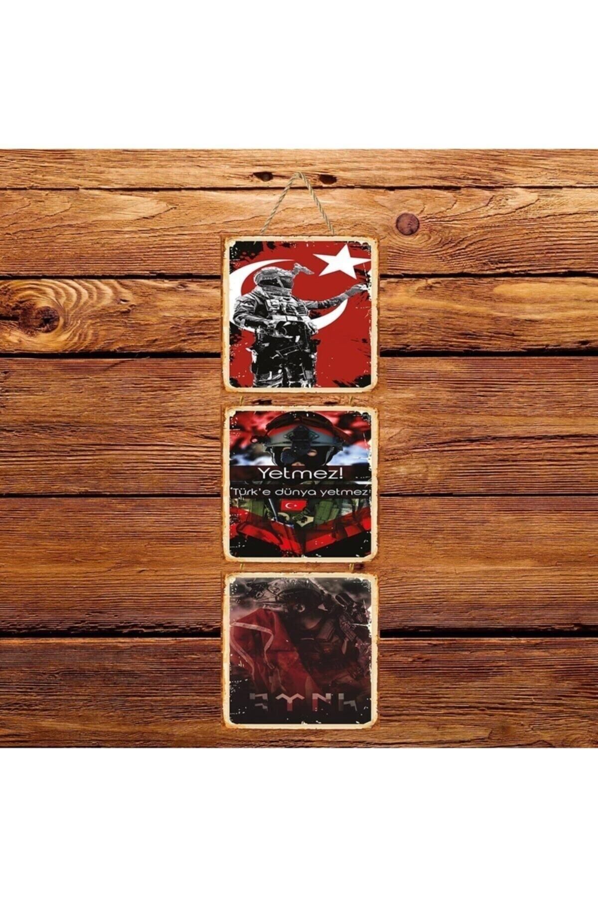 TAKIFİX Türke Dünya Yetmez Üçlü Retro Ahşap Poster