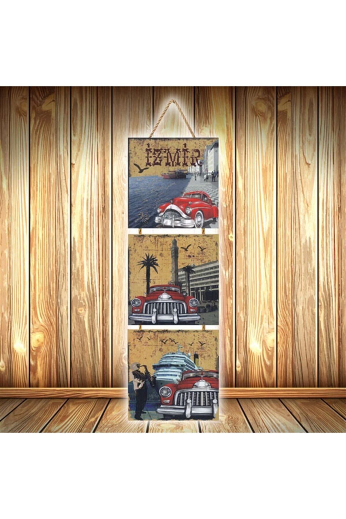 TAKIFİX Izmir Tasarımlı Üçlü Retro Ahşap Poster Ü570