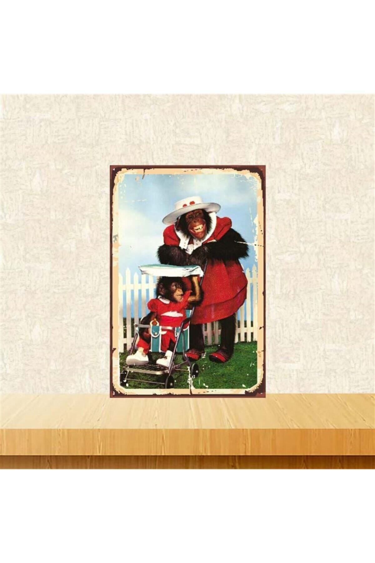 TAKIFİX Anne Bebek Maymun Tasarımlı Retro Ahşap Poster