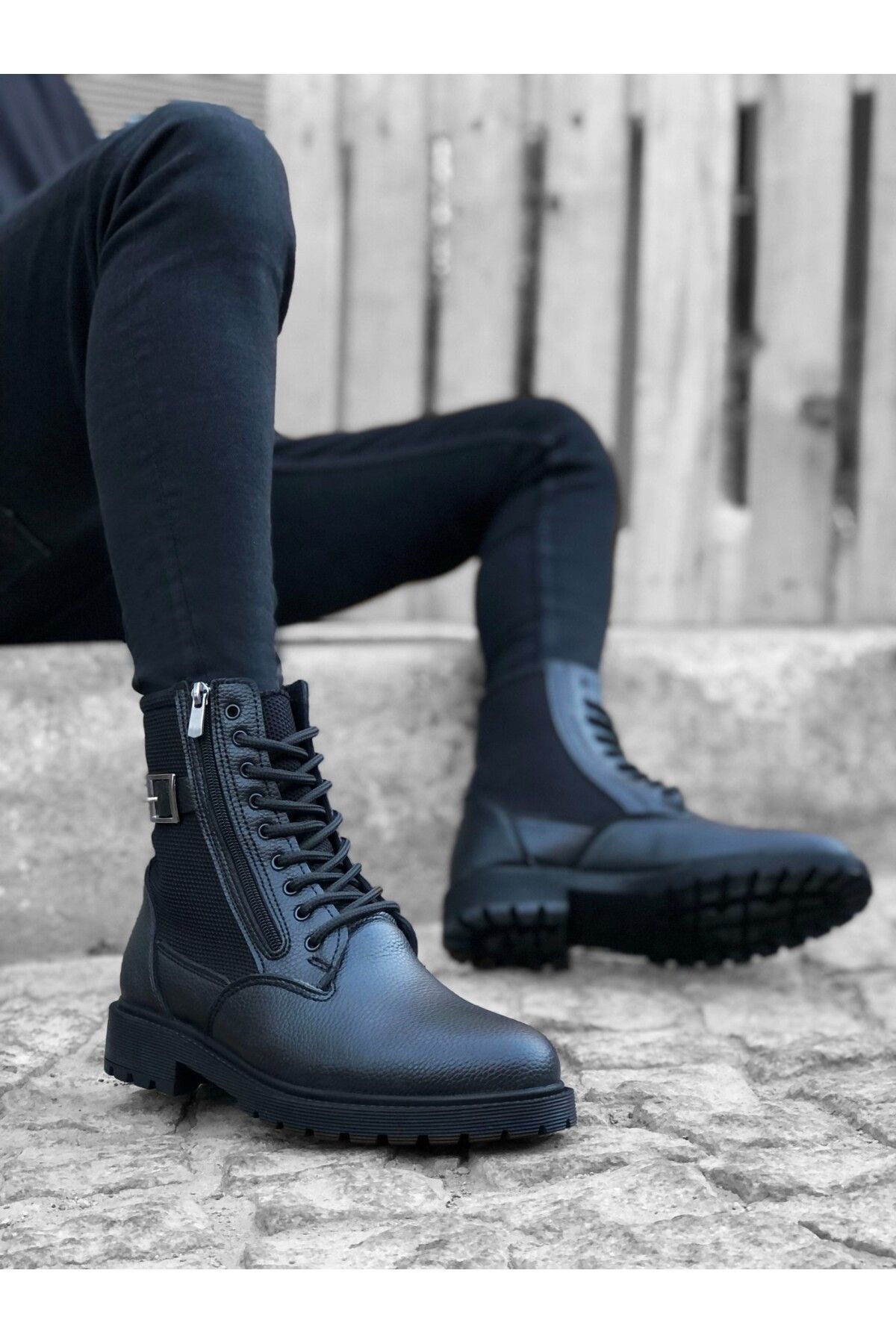 EBRUS TREND ET0218 Yan Toka Fermuarlı Siyah Erkek Spor Klasik Postal Bot