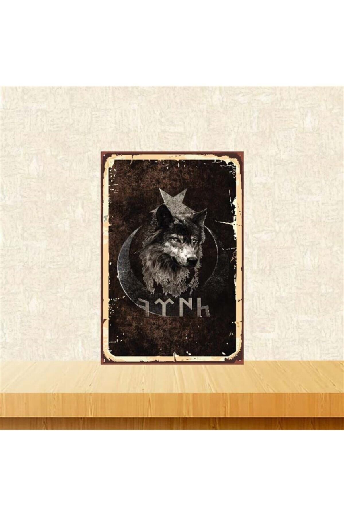 TAKIFİX Kurt ve Ayyıldız Tasarımlı 20-30 Cm Retro Ahşap Poster