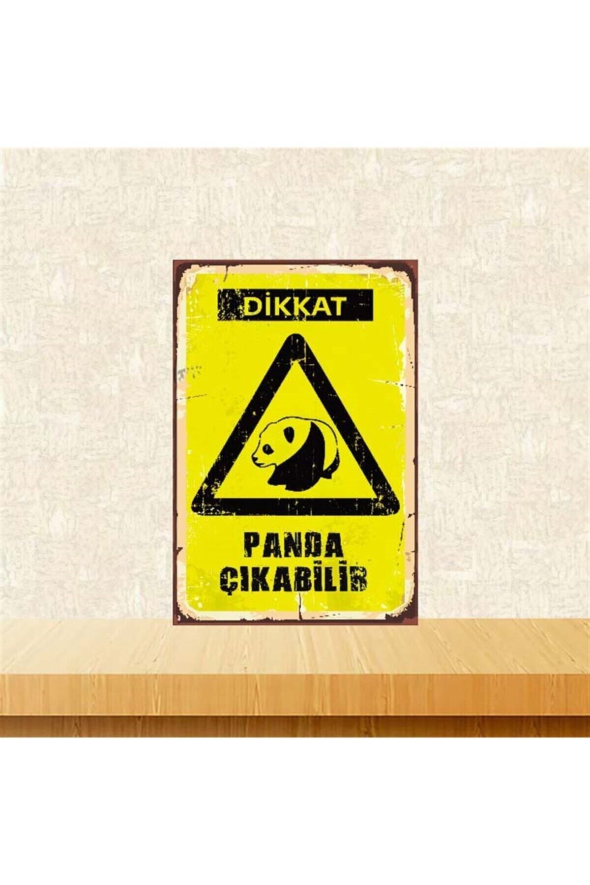 TAKIFİX Dikkat Panda Çıkabilir 20-30 Cm Retro Ahşap Poster