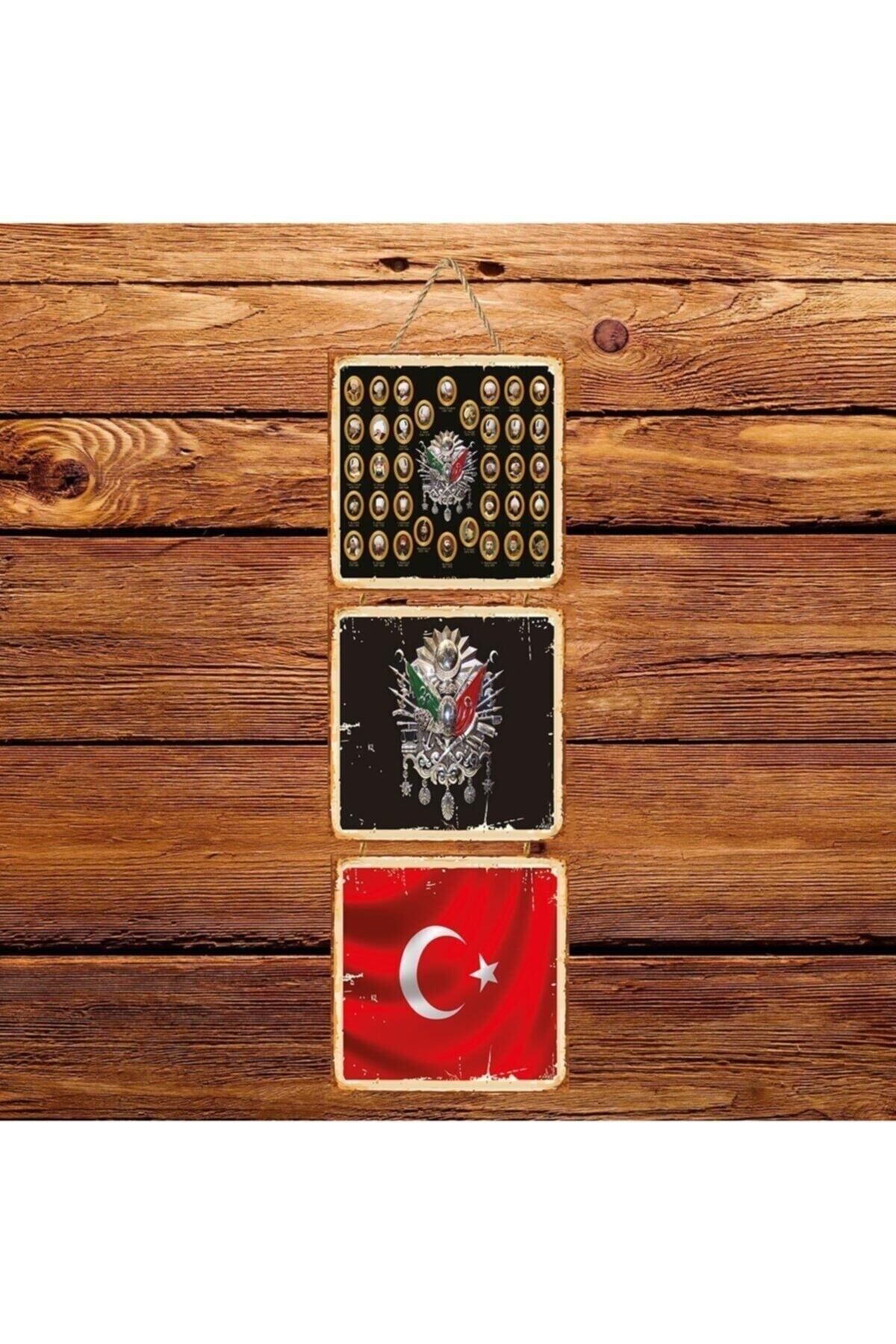 TAKIFİX Osmanlı Arması Ve Türk Bayrağı Üçlü Retro Ahşap Poster