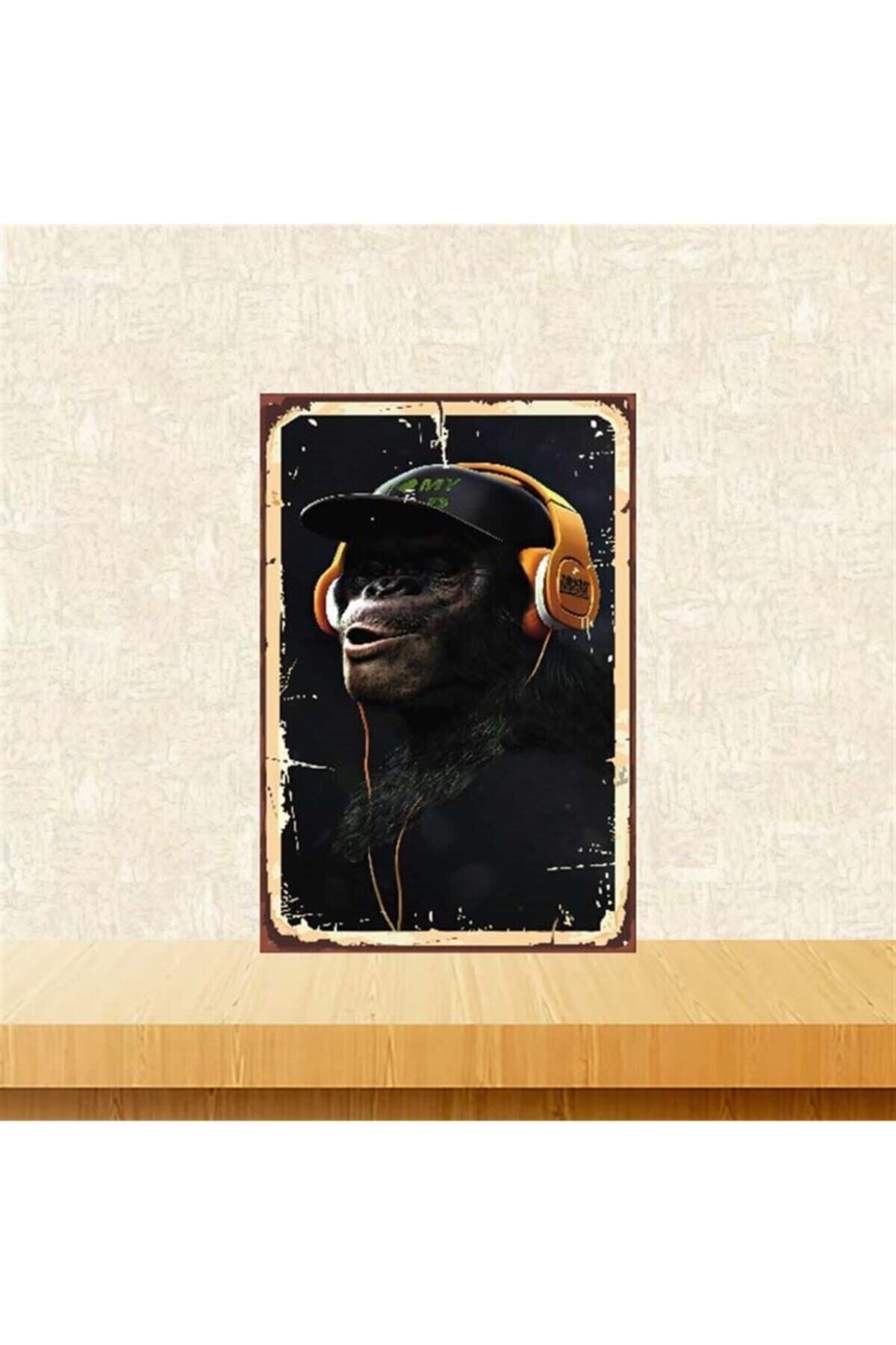 TAKIFİX Müzik Dinleyen Maymun Tasarımlı 20-30 Cm Retro Ahşap Poster