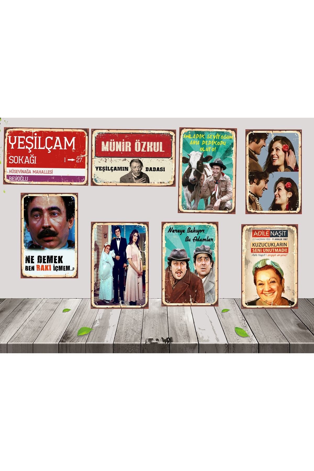 TAKIFİX Yeşilçam Nostalji 8 Adet 20x30 CM Ahşap Poster SETİ 1