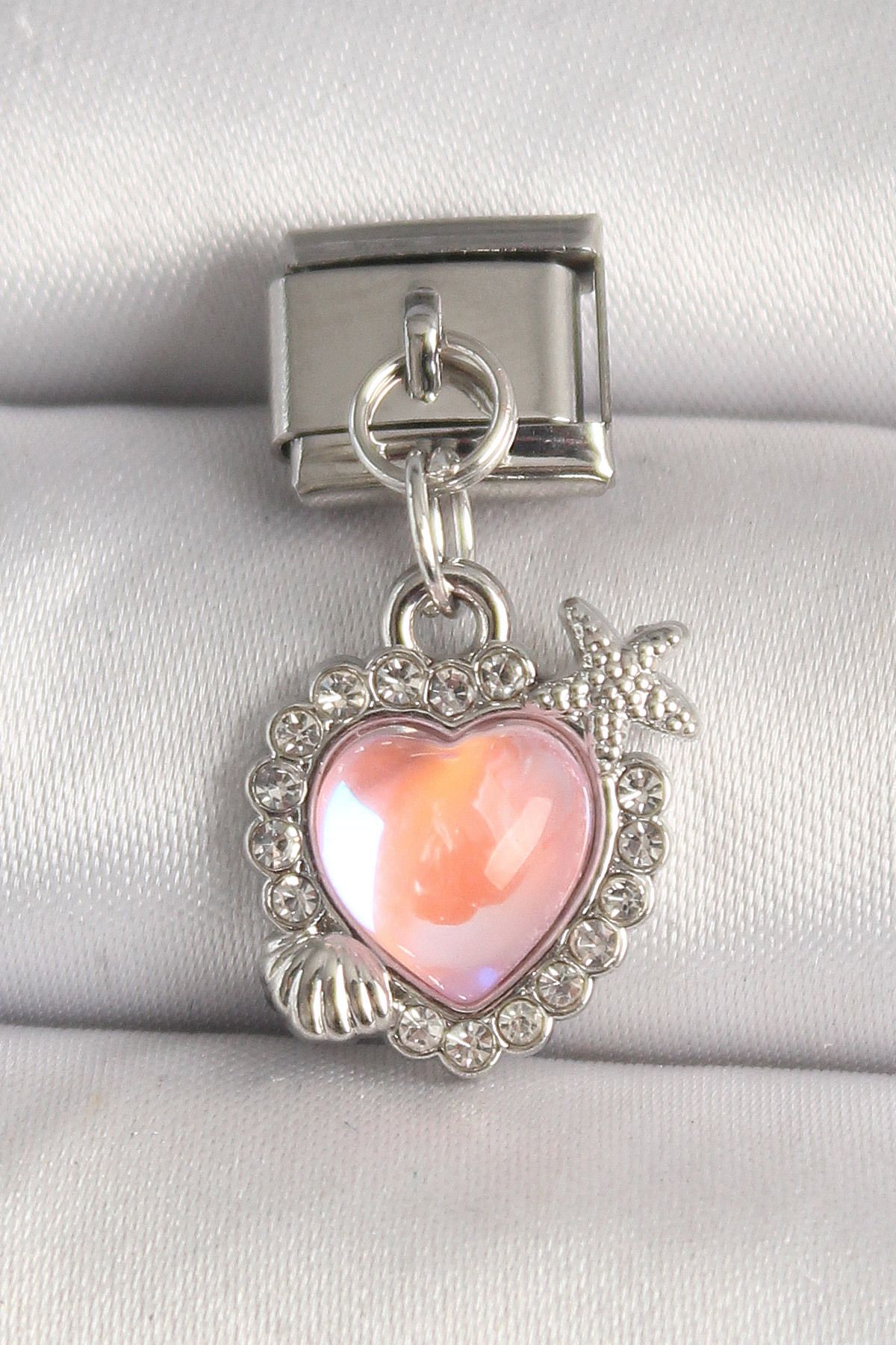 KfksStore 316L Çelik Gümüş Renk Pembe Mineli Kalp Model Deniz Yıldız Detay Nomination Charm