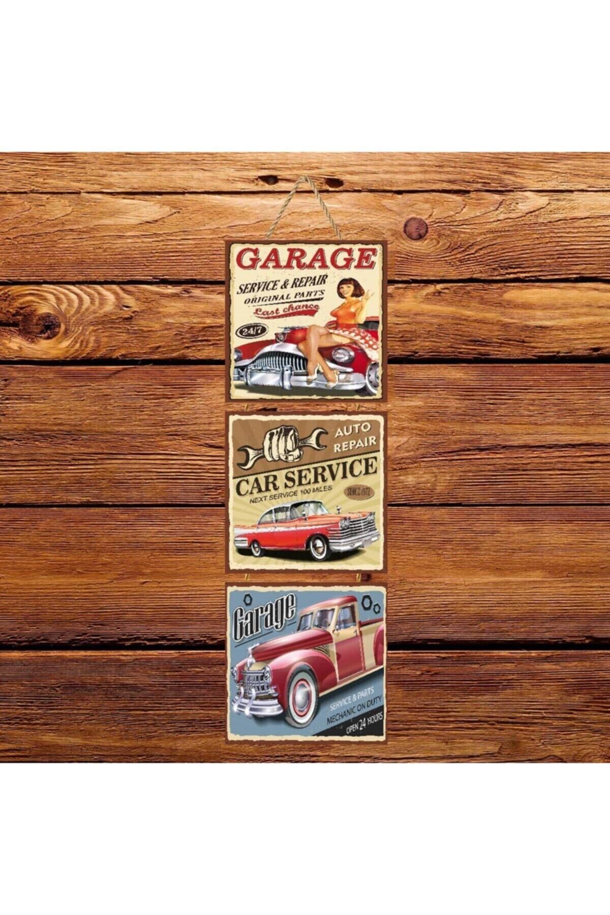 TAKIFİX Garage Üçlü Retro Ahşap Poster Ü149