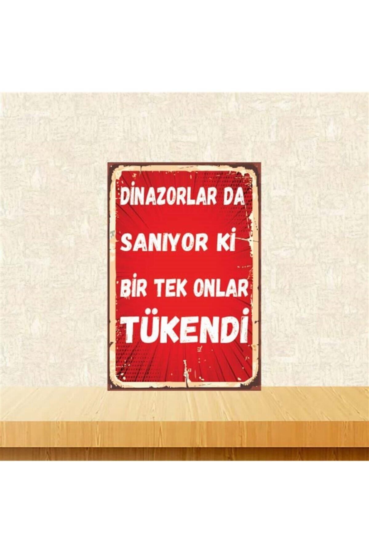 TAKIFİX Kırmızı Dinazorlar Da Sanıyor Ki Retro Ahşap Poster 20x30 cm