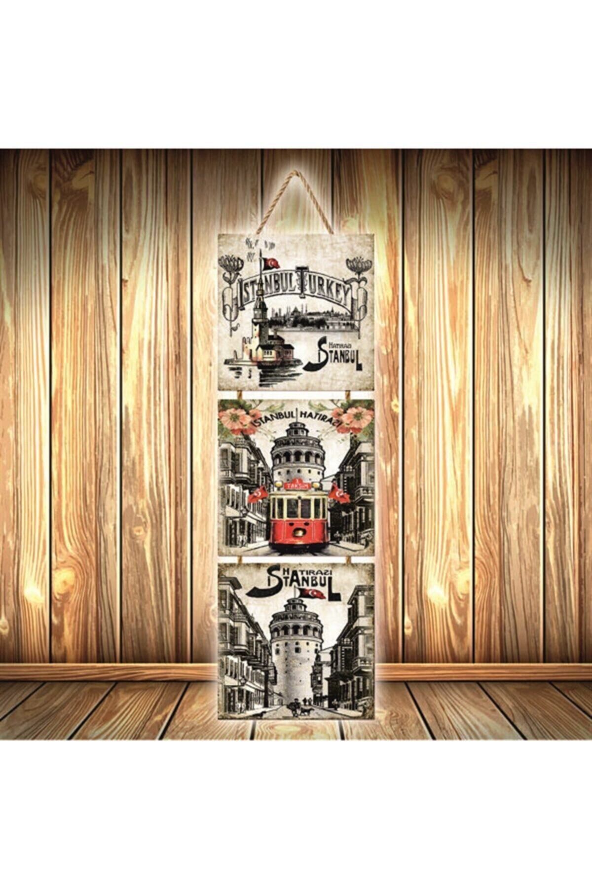 TAKIFİX Istanbul Tasarımlı Üçlü Retro Ahşap Poster Ü459