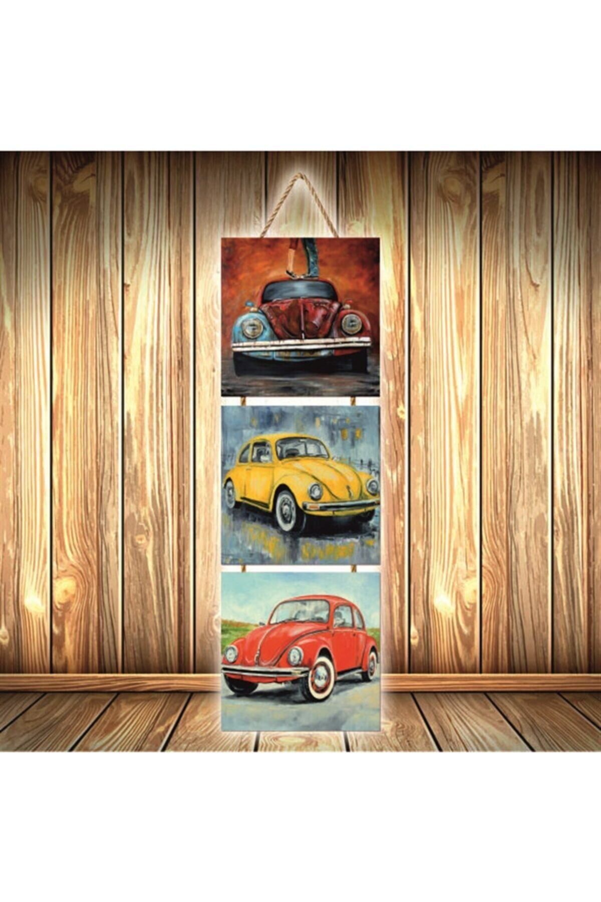 TAKIFİX Vosvos Tasarımlı Üçlü Retro Ahşap Poster Ü298