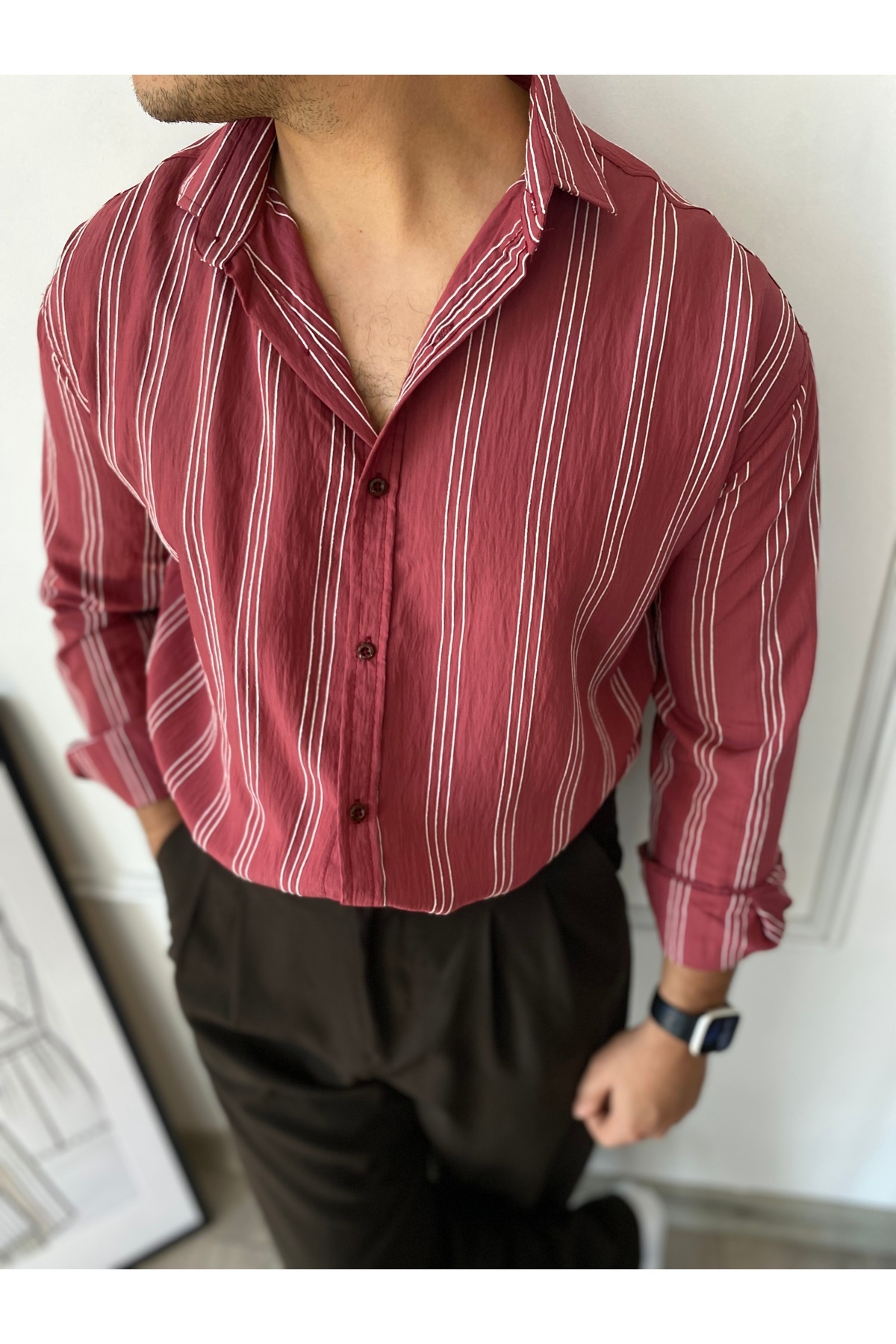 bonnline-Modal Fabric Burgundy Striped Oversize Shirt 3