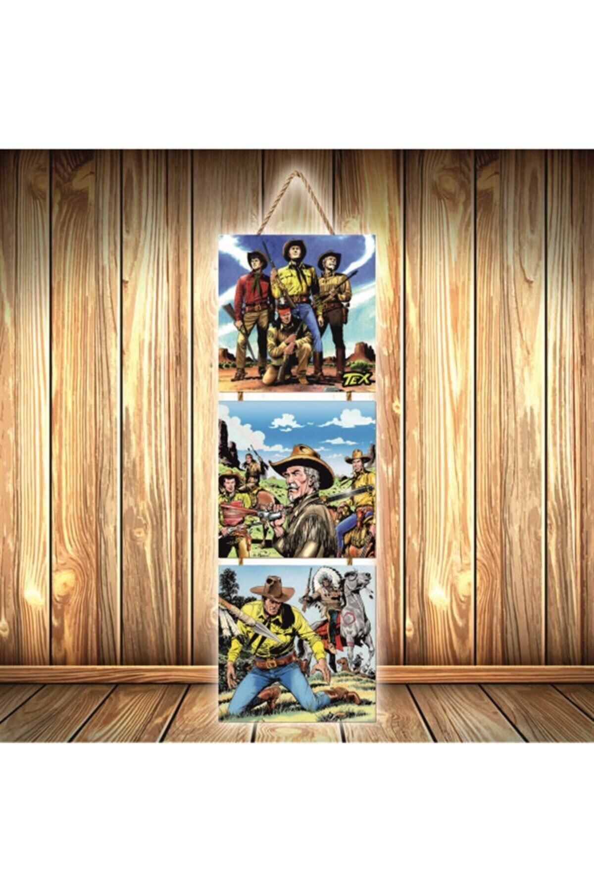 TAKIFİX Kovboy Tasarımlı Üçlü Retro Ahşap Poster Ü346