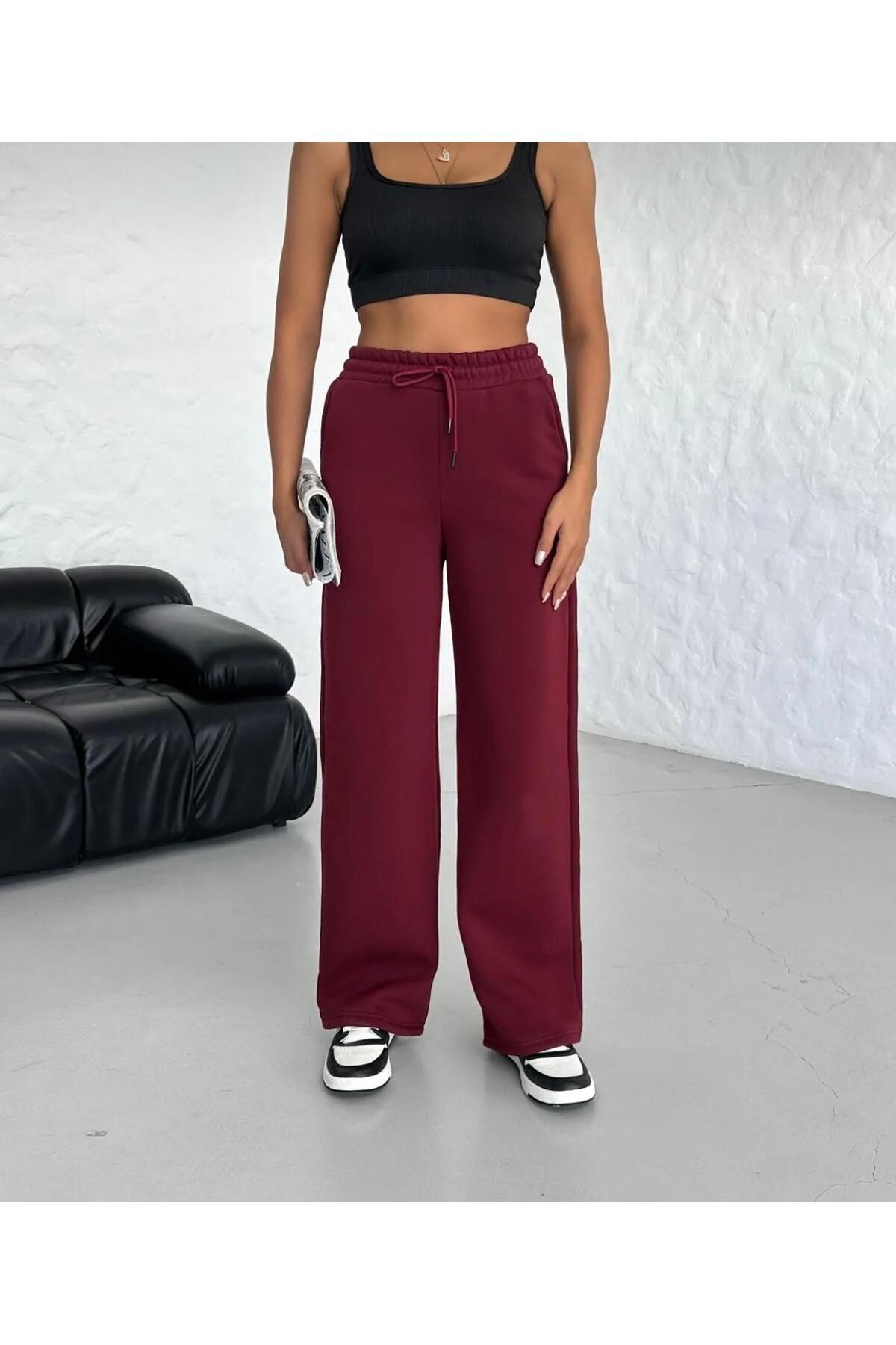 UYN SPORT Bordo Geniş Paça Oversize Kalıp Rahat Giyim Eşofman Altı