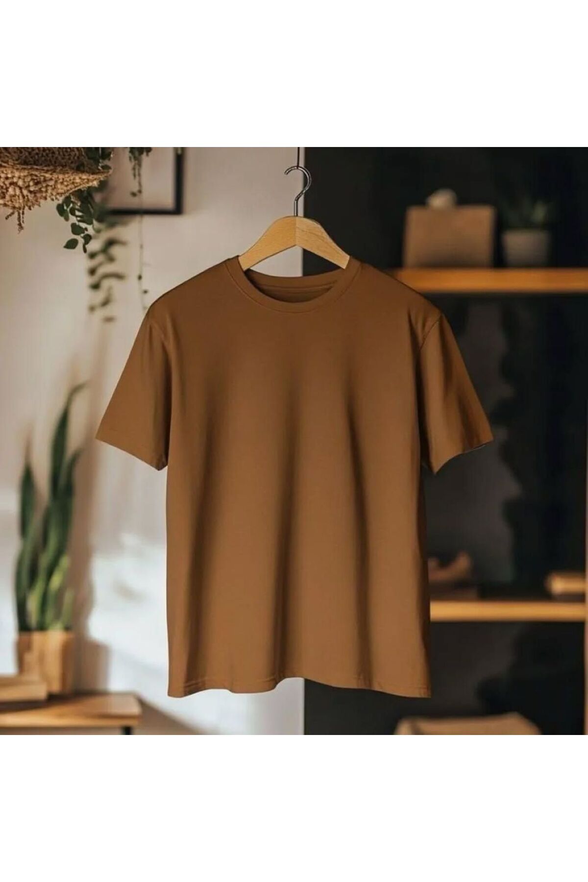 ervafashion Kahverengi Günlük Baskısız Rahat Giyim Mevmsimlik İnce T-SHİRT Unisex