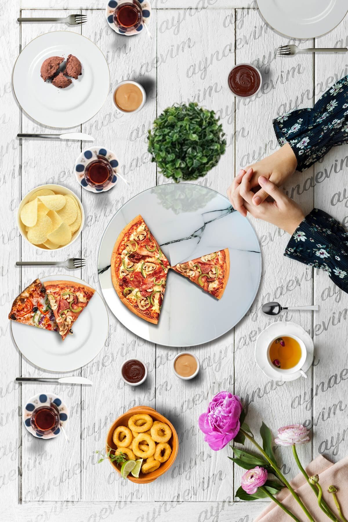 Sunum360-White Marble Patterned Luxury Service Presentation Plate with Rotating Stand. Rotating Cake and Cheese Plate Stand 4