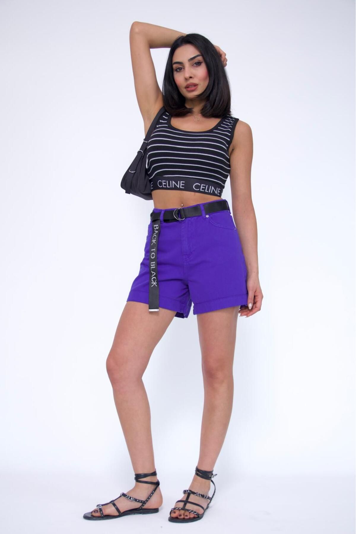 Zeo Basic-Double Leg Purple Belted Shorts 3