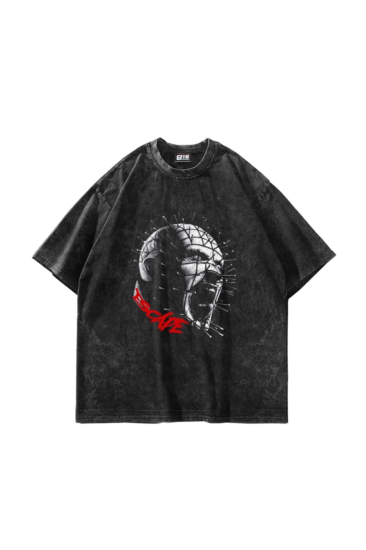 Sekizbiraltı Esape Baskılı Oversize Unisex Yıkamalı Siyah Tshirt