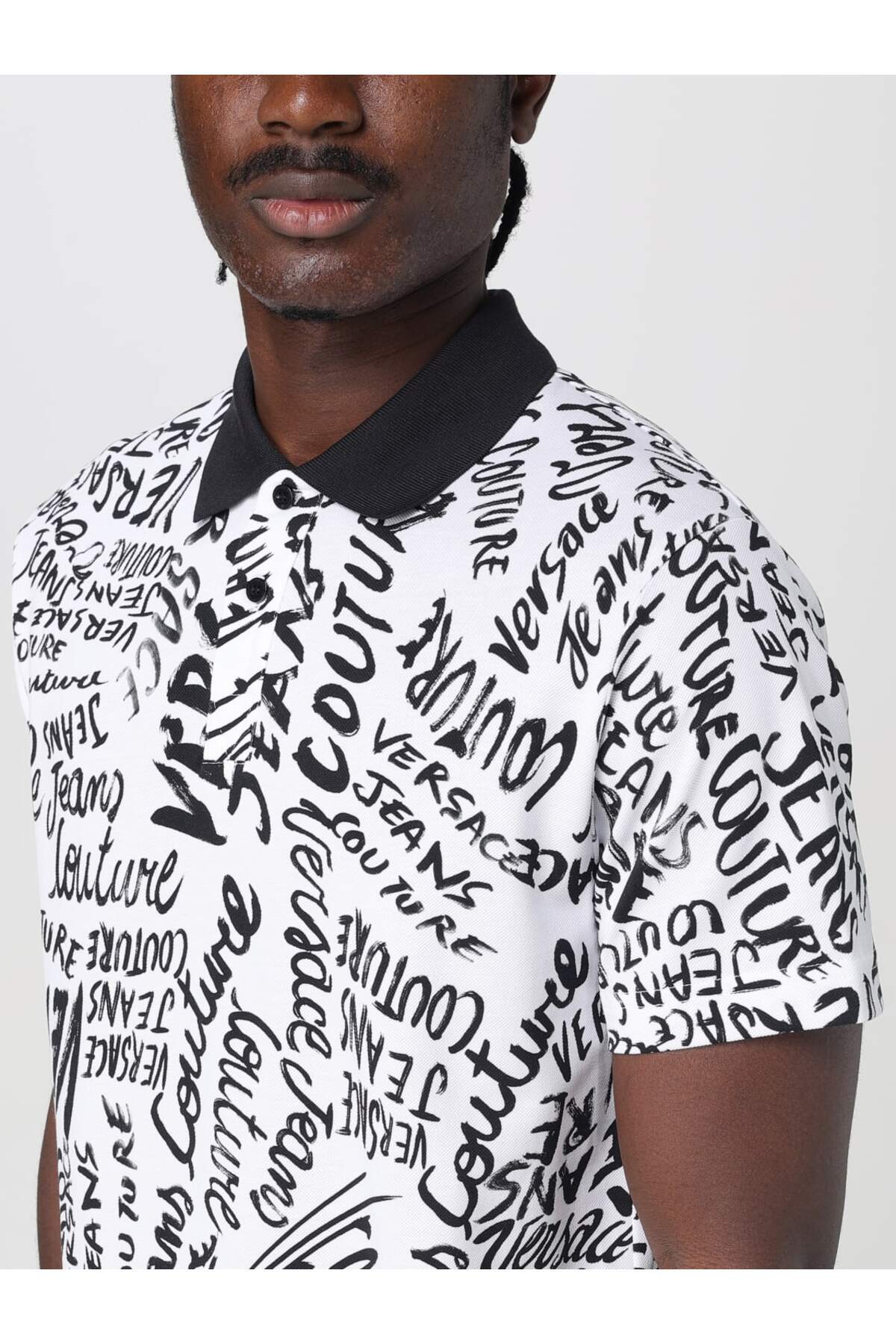 Versace-Men's Polo Neck Logo Printed Short Sleeve White-Black Polo Neck T-Shirt 78Gag6R0Js459-L02 3