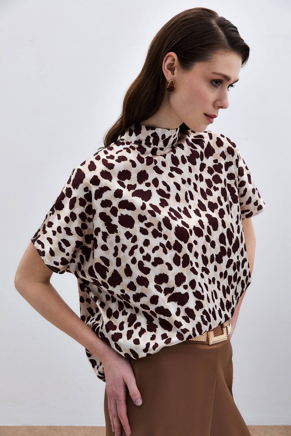 Sateen-Beige-Brown Bat Sleeve Loose Blouse 5