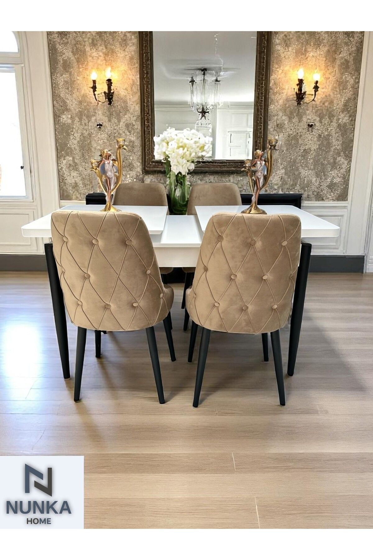 NUNKA HOME 4 Kişilik Beyaz Kelebek Yemek Masası Takımı Cappuccino Baybface Sandalyeli Modern Tasarım