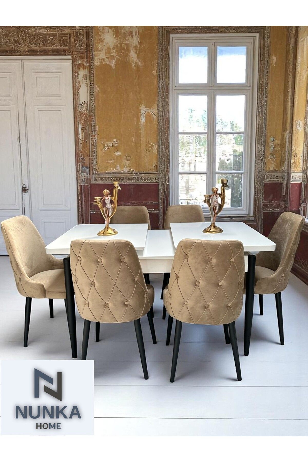 NUNKA HOME 6 Kişilik Beyaz Kelebek Yemek Masası Takımı Cappuccino Baybface Sandalyeli Modern Tasarım