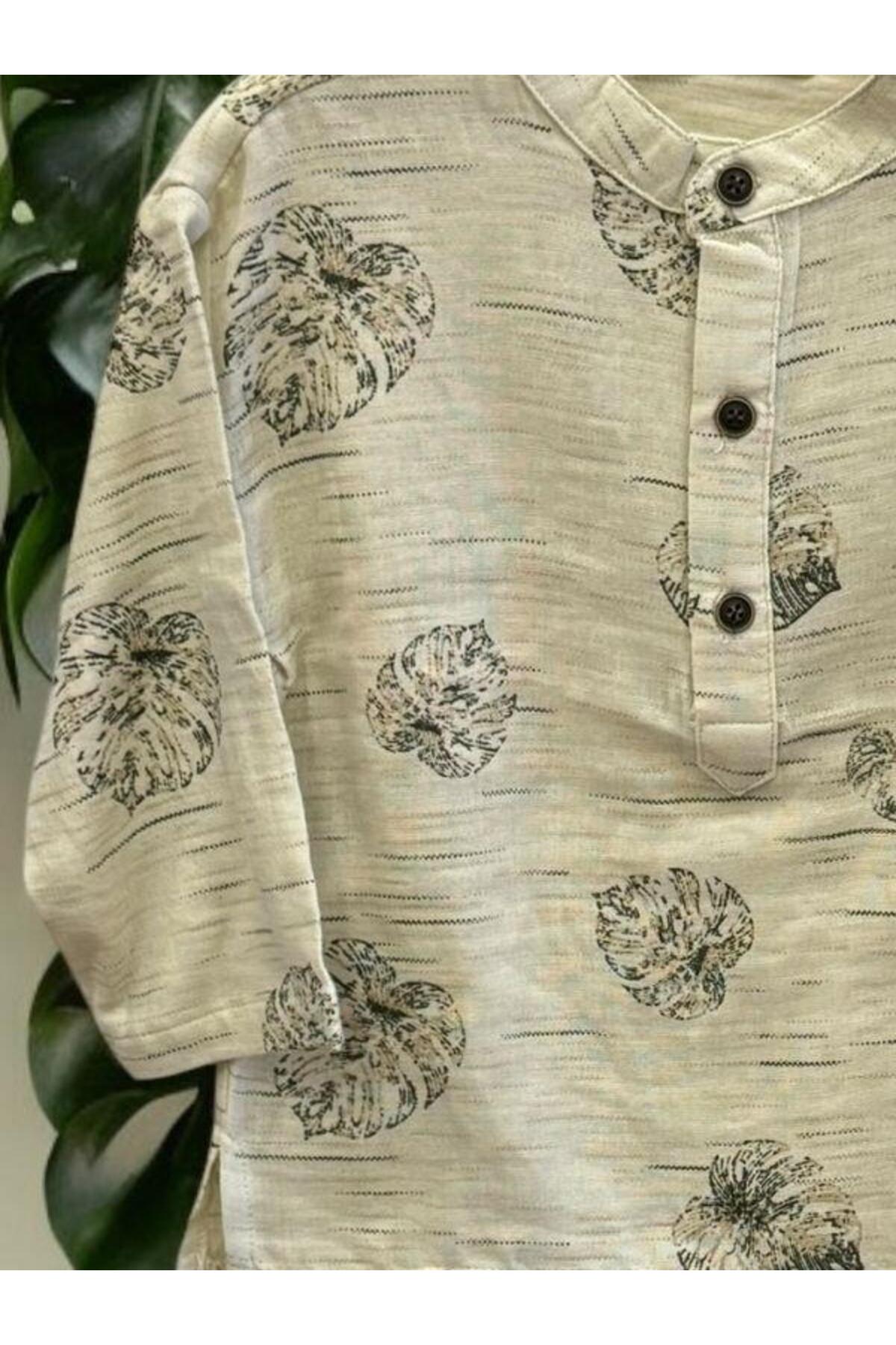 Zekids Erkek Bebek Düğmeli Hakim Yaka Palmiye Desenli Keten Gömlek fotoğrafı 5 (önizleme)