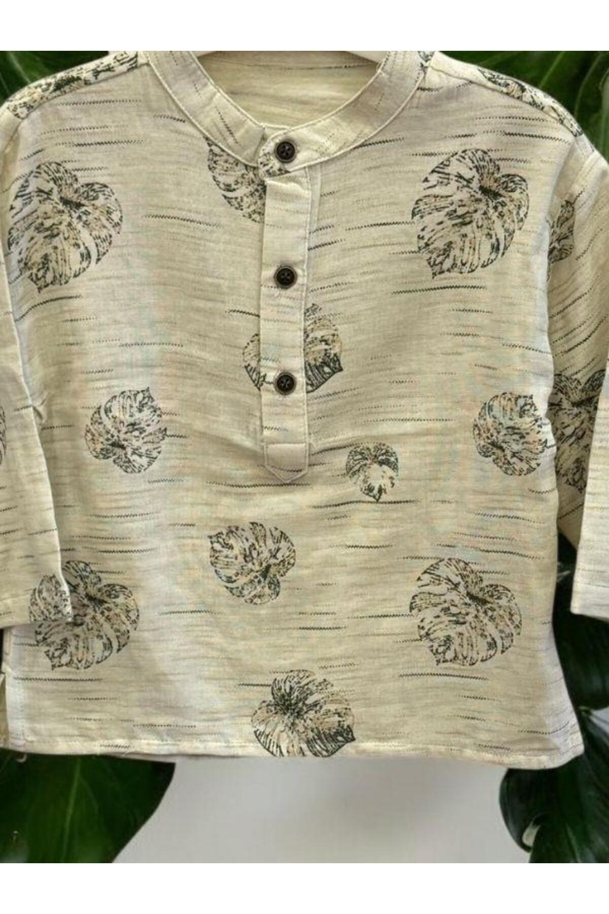 Zekids Erkek Bebek Düğmeli Hakim Yaka Palmiye Desenli Keten Gömlek fotoğrafı 2 (önizleme)