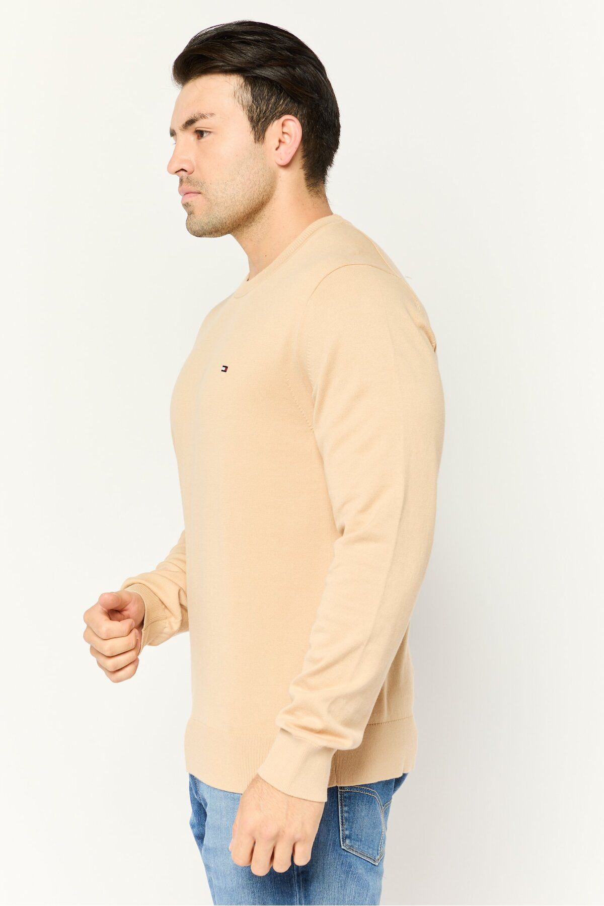 Tommy Hilfiger-Men Crew Neck Embroidered Long Sleeves Sweaters, Beige 3