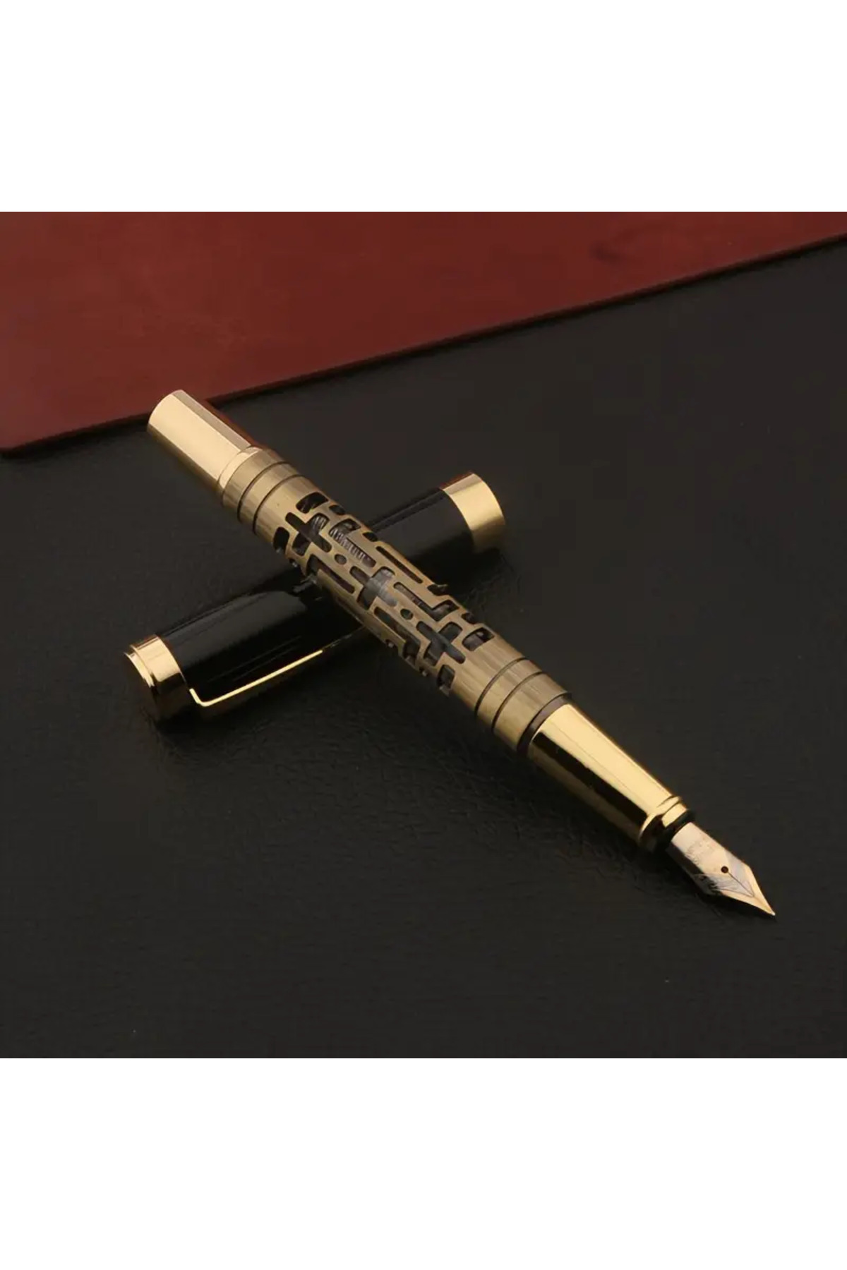 Art Tone Profesyonel Şık Vintage Bronz Dolma Kalem Karmaşık Metal Oyma Tasarım İnce Uç