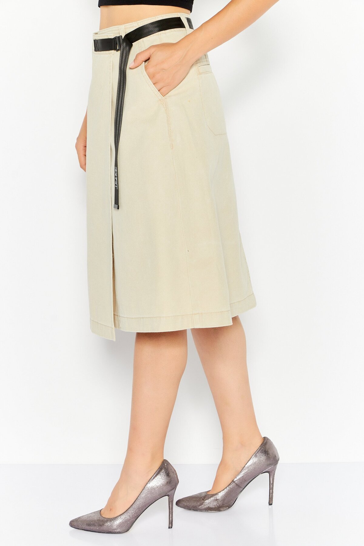 Esprit-Women Plain Buckle Waist Midi Skirts, Beige 3